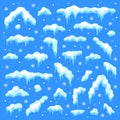 Snow caps. Snowballs and snowdrifts, snowfall and snowflakes. Winter decoration christmas elements cartoon vector set Royalty Free Stock Photo