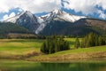 Snow covered mountain peaks by the beautiful lake in Slovakia Tatra Royalty Free Stock Photo