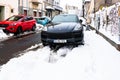 Snow on cars in the morning. Winter season, icy cars. Winter concept, frozen cars on the road in Bucharest, Romania, 2020 Royalty Free Stock Photo