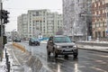 Snow on cars in the morning. Winter season  icy cars. Winter concept  frozen cars on the road in Bucharest  Romania  2021 Royalty Free Stock Photo