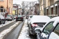 Snow on cars in the morning. Winter season, icy cars. Winter concept, frozen cars on the road in Bucharest, Romania, 2021 Royalty Free Stock Photo