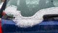 Snow on cars after snowfall. Winter urban scene. rear window Royalty Free Stock Photo