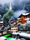 In snow castle old castle in woods, style town, photorealistic, quiet river Royalty Free Stock Photo