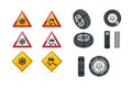 Snow chains on tire. Slippery road. Traffic signs and Tire With Mounted Snow Chains isolated on white background Royalty Free Stock Photo