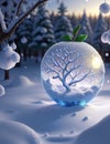 Snow and Christmas atmosphere in the fantasy forest inside an apple made of crystal, generation Ai. Ai generated.