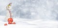 Snow  Christmas background, blue winter sky with falling snow and sbowman with red christmas ball  Beautiful winter landscape, Royalty Free Stock Photo