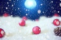 Snow christmas magic lights background. Christmas card with a winter forest and christmas decorations in a moonlit night. The elem Royalty Free Stock Photo