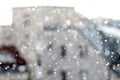 Snow in the city. New snowfall with big snowflakes in the city. Winter snow. Snowflake background. blizzard. Royalty Free Stock Photo