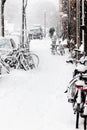 Snow in the city - snowstorm, streetview, bikes