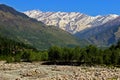 Snow clad himalayas viewed from The Beas River in Manali from Leh - manali highway in summer morning of May, India.Himachal Royalty Free Stock Photo