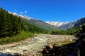 Snow clad himalayas viewed from The Beas River in Manali from Leh - manali highway in summer morning of May, India.Himachal Royalty Free Stock Photo