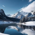 Snow clad mountains with a lake and pine trees in foot hills (AI Generated)