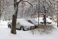 In winter, cars stand under the snow near trees after a snowfall