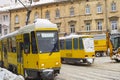 Snow collapse tramways snowplow Lviv Royalty Free Stock Photo