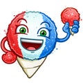 Snow cone cartoon mascot colored red white and blue for a patriotic american snack