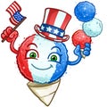 Snow cone cartoon in american red white and blue wearing an uncle sam hat and holding the usa flag