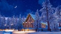 Snow covered alpine mountain house at winter night