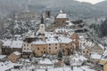 Snow covered Esch sur Sure town with lovely background of snow c