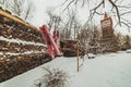 snow-covered backyard next to the old city walls Royalty Free Stock Photo