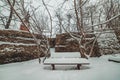 snow-covered backyard next to the old city walls Royalty Free Stock Photo