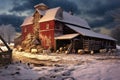 snow-covered barn with animal feed in foreground