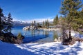 Snow-covered beach at Sand Harbor Nevada State Park. Lake Tahoe, Nevada side. Royalty Free Stock Photo