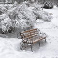 Snow-covered bench in city park at winter day Royalty Free Stock Photo