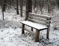 Snow covered bench in forest in winter Royalty Free Stock Photo