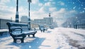 Snow covered bench in tranquil winter landscape generated by AI