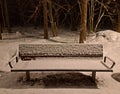 Snow-covered bench in a winter park Royalty Free Stock Photo