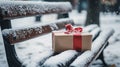 Snow-covered bench with wrapped gift and thermos . Royalty Free Stock Photo