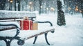 Snow-covered bench with wrapped gift and thermos . Royalty Free Stock Photo