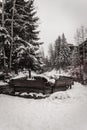 Snow covered benches in Vail, Colorado during the winter. Royalty Free Stock Photo