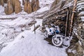 Snow Covered Bike in Dhankar Village, Spiti Valley, Himachali Royalty Free Stock Photo