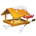 Snow-covered bird feeder. Winter. Illustration for kids. Vector