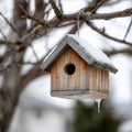 Snow-covered birdhouse hanging from a tree branch in winter. Royalty Free Stock Photo