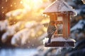 Snow covered birdhouse on sunny winter day. Bird feeder hanging from a tree. Wooden bird house with small bird sitting in it