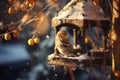 Snow covered birdhouse on sunny winter day. Bird feeder hanging from a tree. Wooden bird house with small bird sitting in it