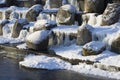 Snow-covered boulders on the granite cascade