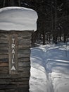 Snow Covered, Brick Trail Sign at Canyon Falls in the Upper Peninsula of Michigan