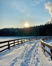 Snow-covered bridge in the forest in the rays of the bright winter sun Royalty Free Stock Photo