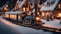 snow covered bridge A magical train on a cozy day in the winter. The train is made of fire and smoke, with sparks