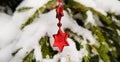 Snow-covered bright and multi-colored Christmas tree decorations on a snowy New Year tree with green needles in a winter country g Royalty Free Stock Photo