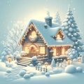 Illustration of Snow-Covered Cabin in the Woods Royalty Free Stock Photo