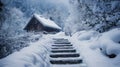 Snow-Covered Cabin and Stone Steps in a Snowy Forest Royalty Free Stock Photo