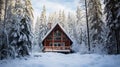 Snow covered cabin surrounded by trees Royalty Free Stock Photo