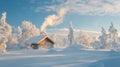 Snow-covered cabin in a winter forest at sunrise. Concept of wintertime, snow scenery, peaceful retreat, nature sunrise