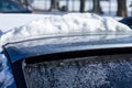 Snow covered car windows after blizzard and snowstorm show icy windows and danger due to extreme weather phenomenon with snowdrift Royalty Free Stock Photo