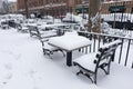 Snow Covered Chess Table at Athens Square Park in Astoria Queens of New York City during Winter