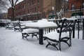 Snow Covered Chess Table at Athens Square Park in Astoria Queens of New York City during Winter